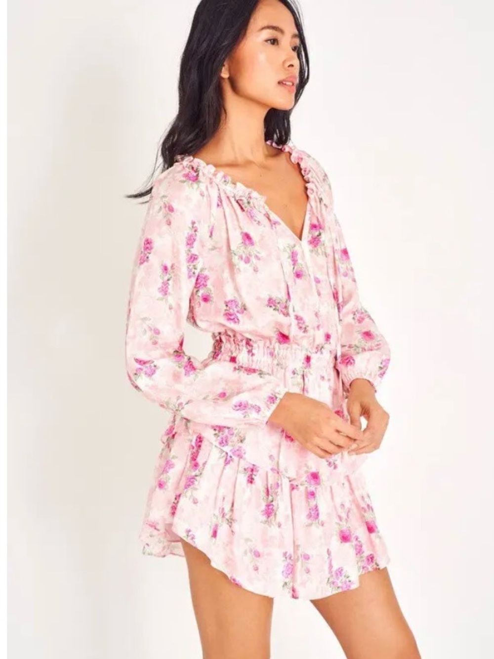 LoveShackFancy Pink Rose-Print Ruffle Popover Mini Dress
